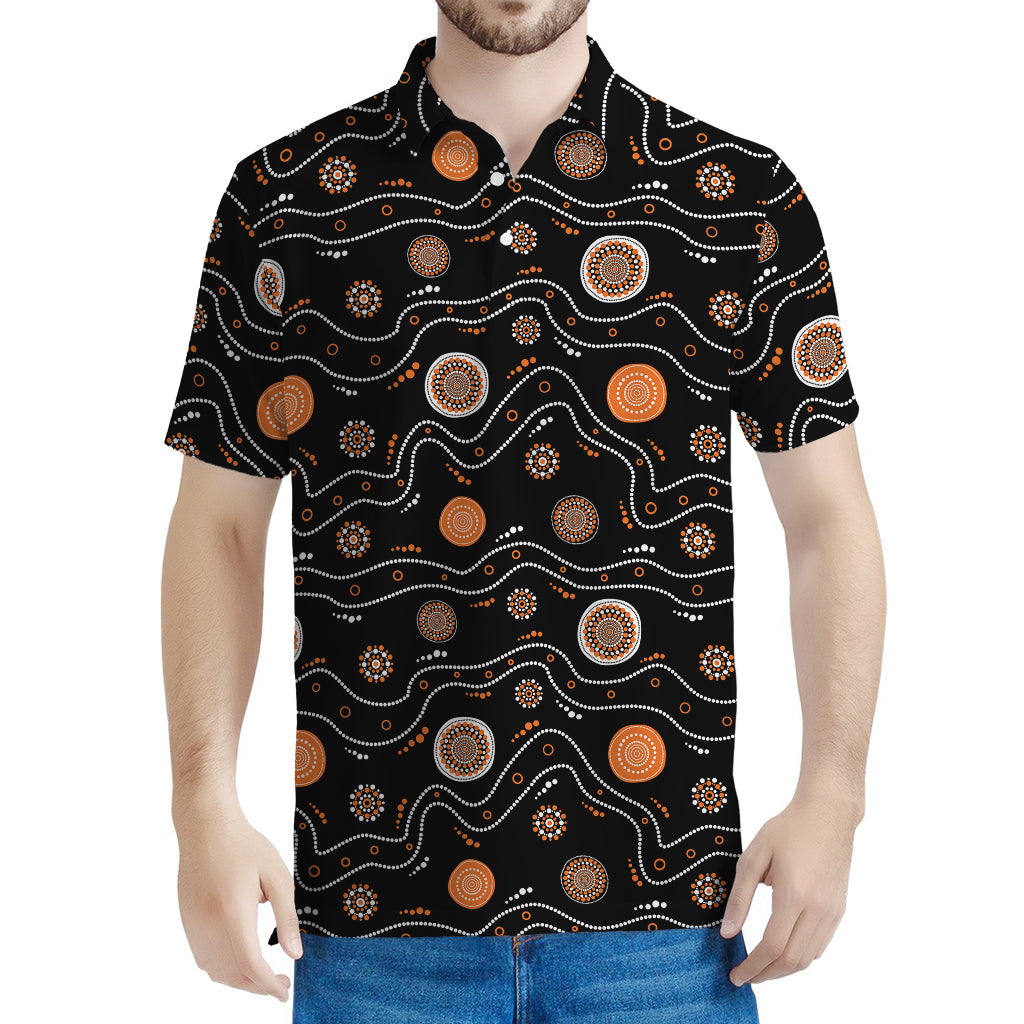 White And Orange Aboriginal Art Print Men's Polo Shirt