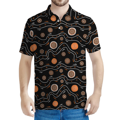 White And Orange Aboriginal Art Print Men's Polo Shirt
