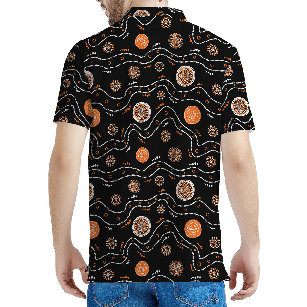 White And Orange Aboriginal Art Print Men's Polo Shirt