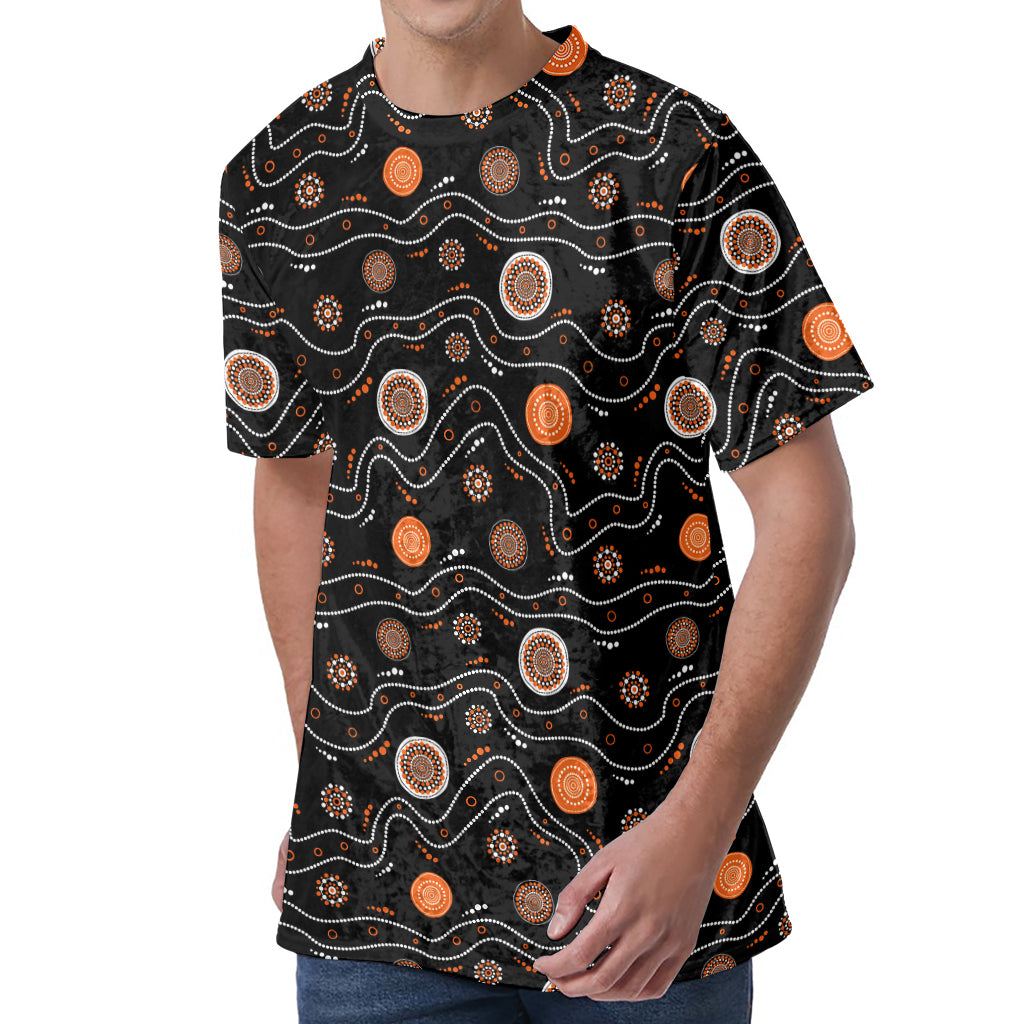 White And Orange Aboriginal Art Print Men's Velvet T-Shirt