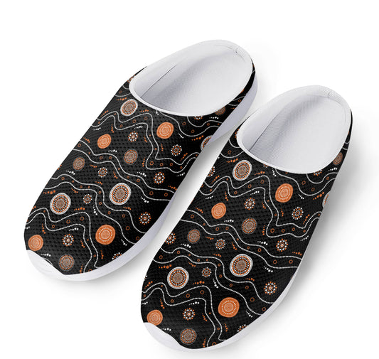 White And Orange Aboriginal Art Print Mesh Casual Shoes