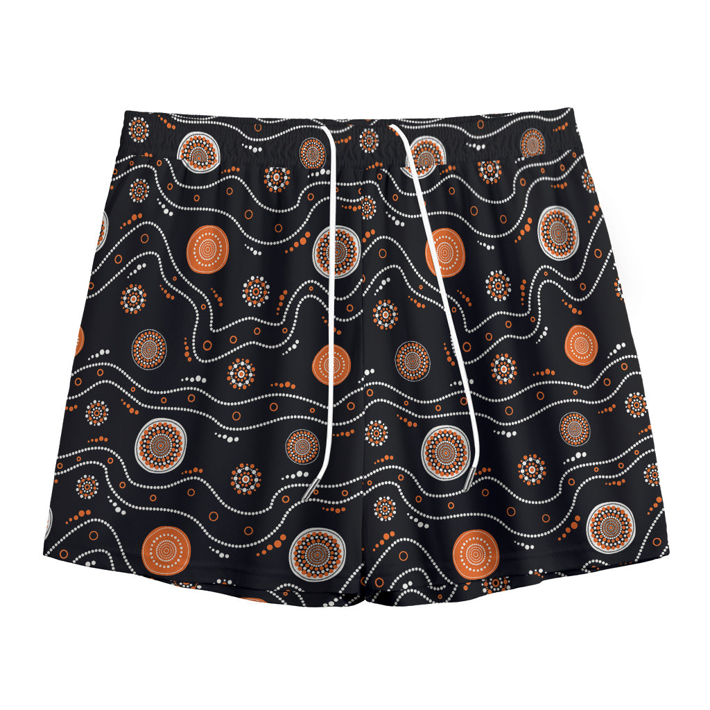 White And Orange Aboriginal Art Print Mesh Shorts