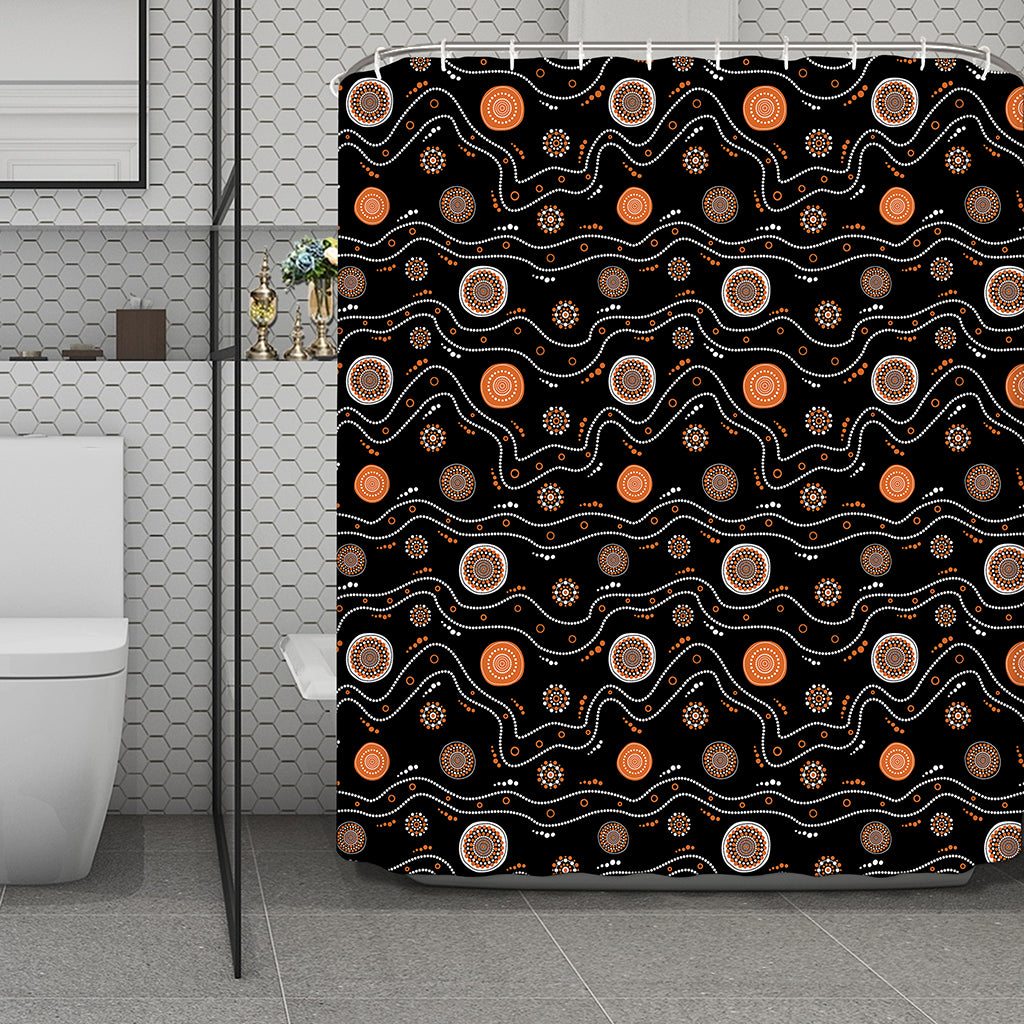 White And Orange Aboriginal Art Print Polyester Shower Curtain