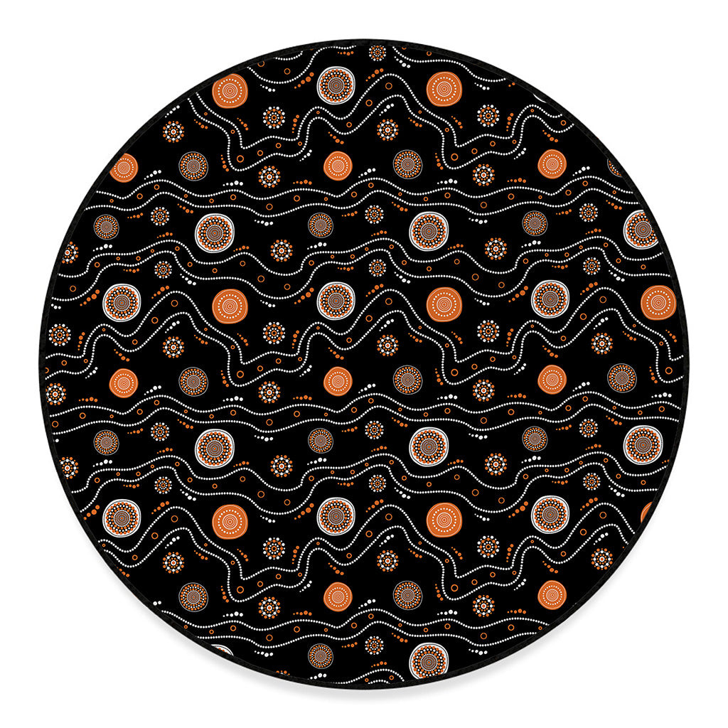 White And Orange Aboriginal Art Print Round Floor Mat