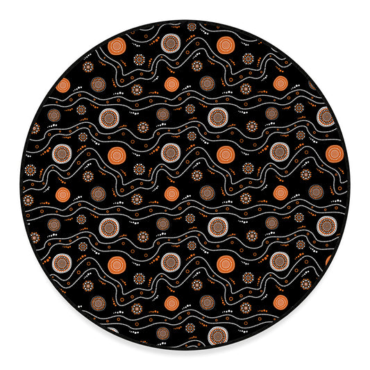 White And Orange Aboriginal Art Print Round Floor Mat