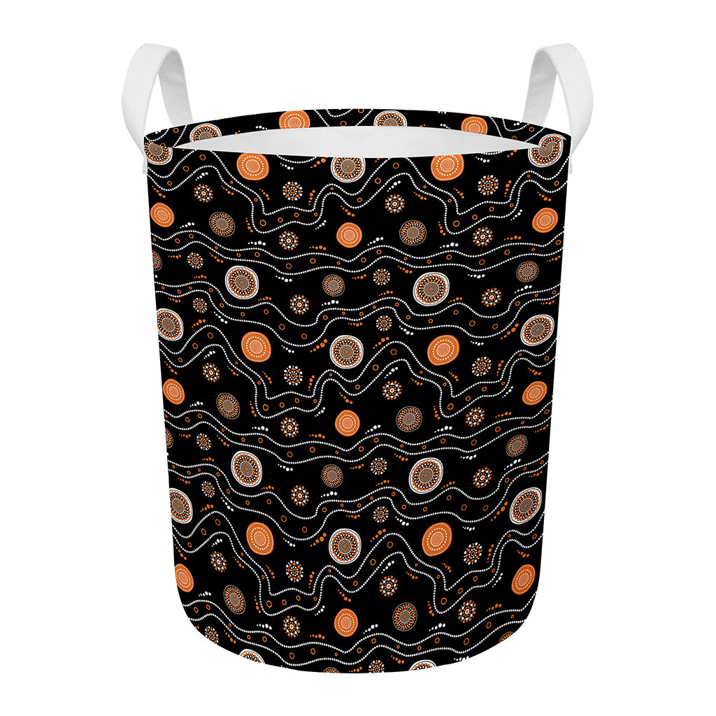 White And Orange Aboriginal Art Print Round Laundry Basket