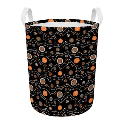 White And Orange Aboriginal Art Print Round Laundry Basket
