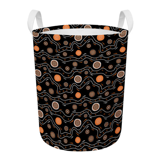 White And Orange Aboriginal Art Print Round Laundry Basket