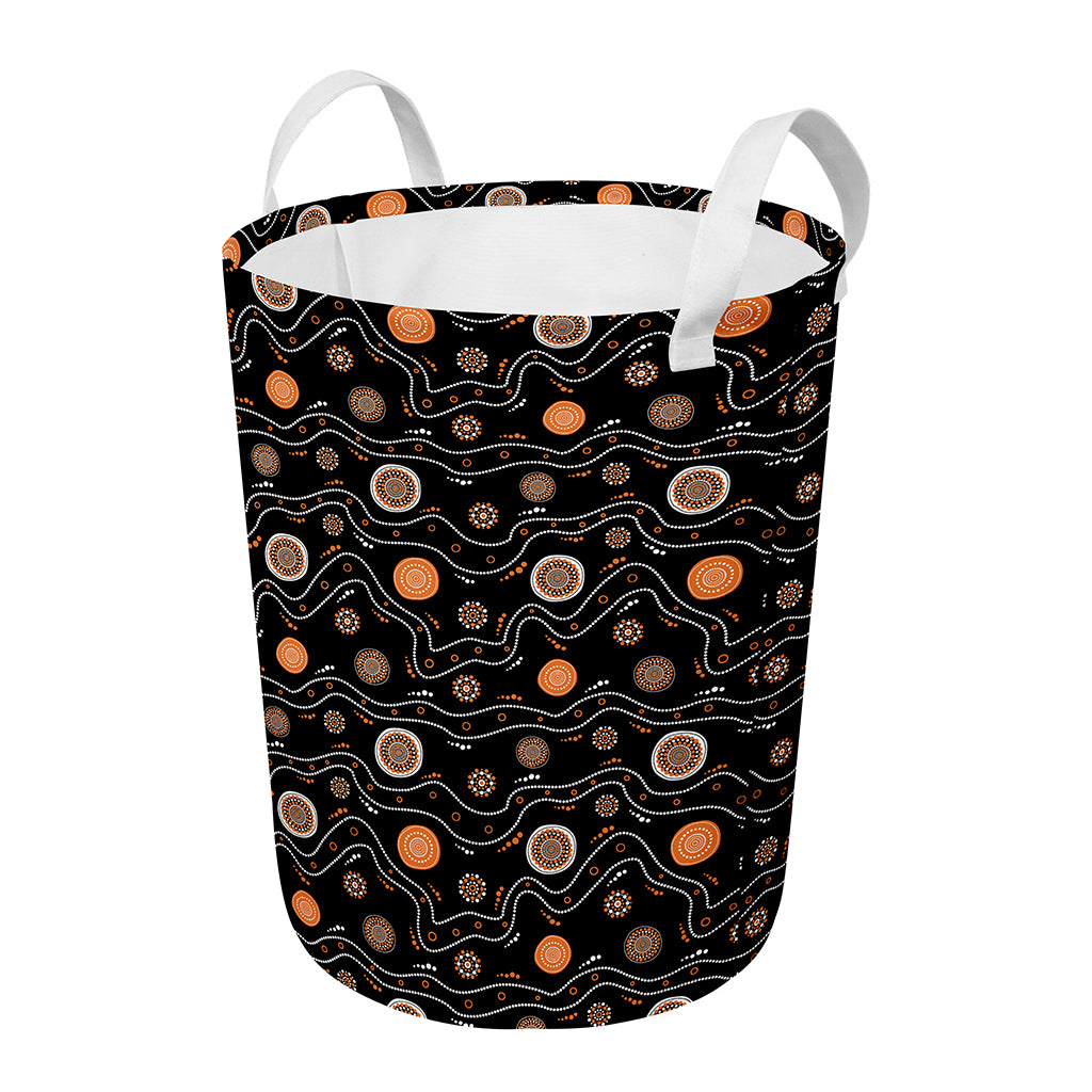 White And Orange Aboriginal Art Print Round Laundry Basket