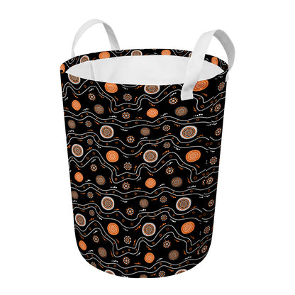 White And Orange Aboriginal Art Print Round Laundry Basket