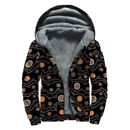 White And Orange Aboriginal Art Print Sherpa Lined Zip Up Hoodie