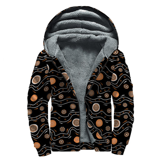 White And Orange Aboriginal Art Print Sherpa Lined Zip Up Hoodie