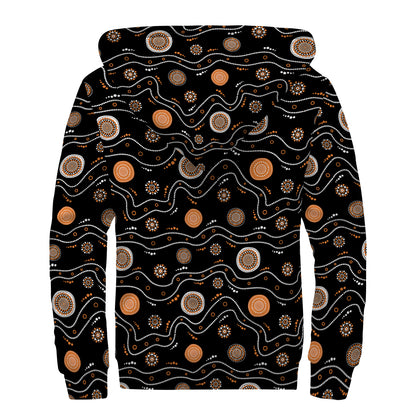 White And Orange Aboriginal Art Print Sherpa Lined Zip Up Hoodie