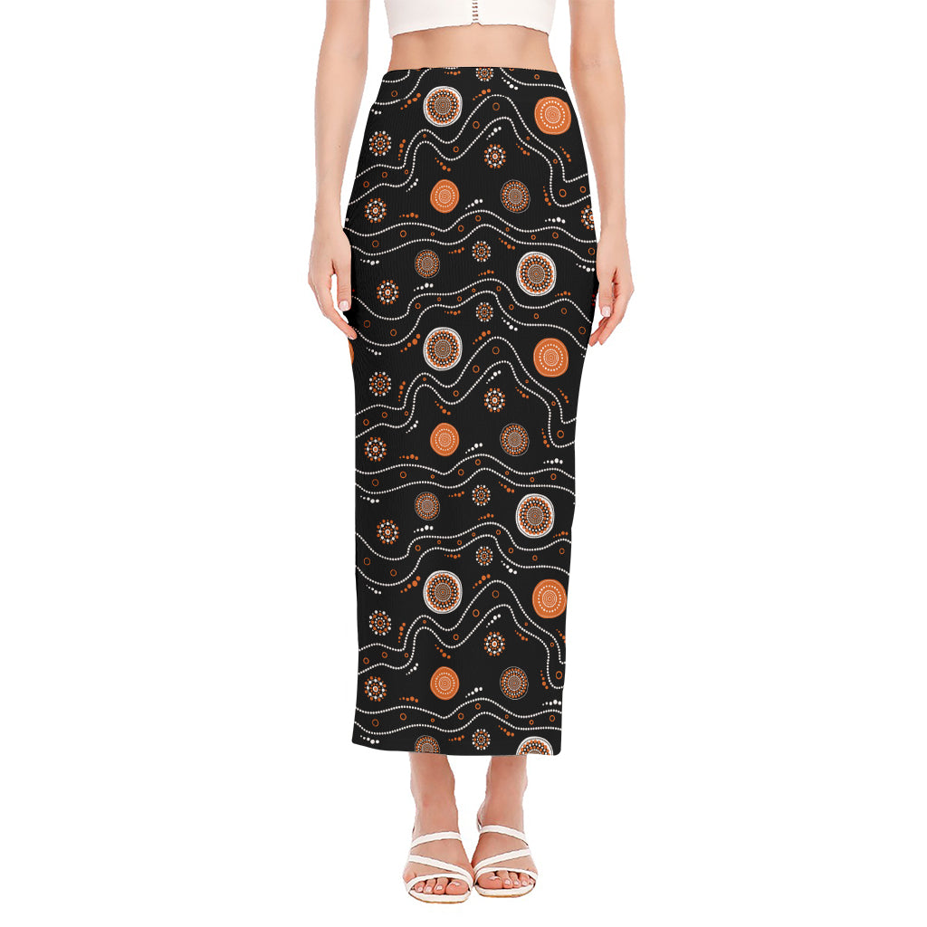 White And Orange Aboriginal Art Print Side Slit Maxi Skirt