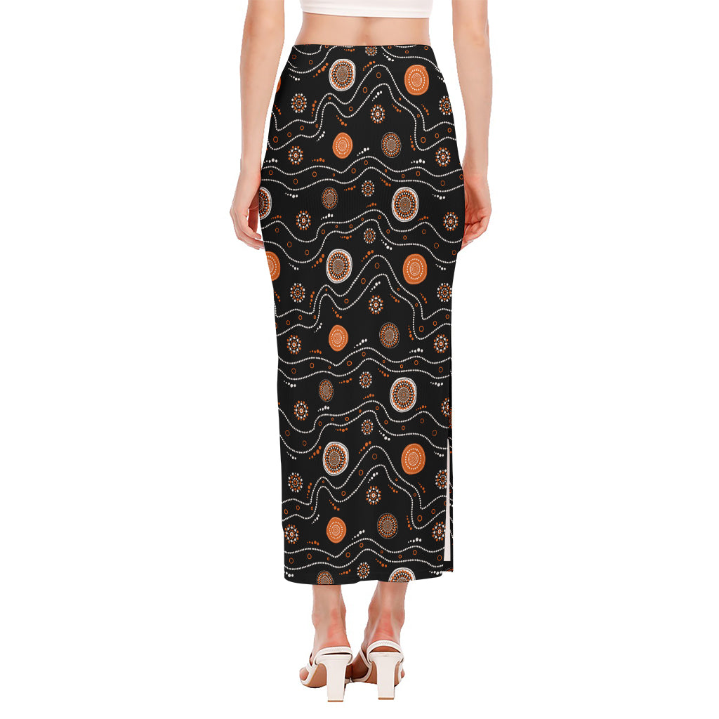 White And Orange Aboriginal Art Print Side Slit Maxi Skirt