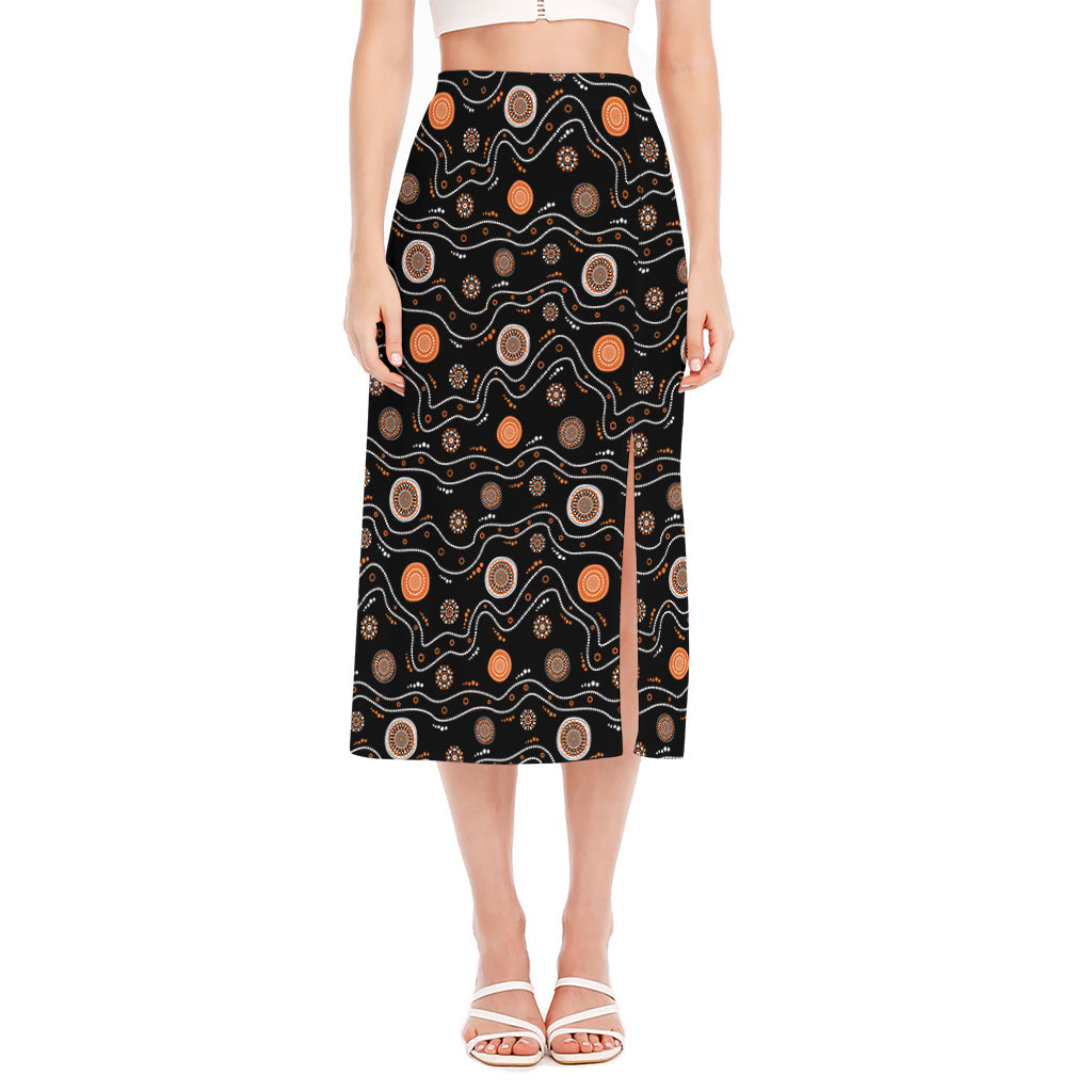 White And Orange Aboriginal Art Print Side Slit Midi Skirt