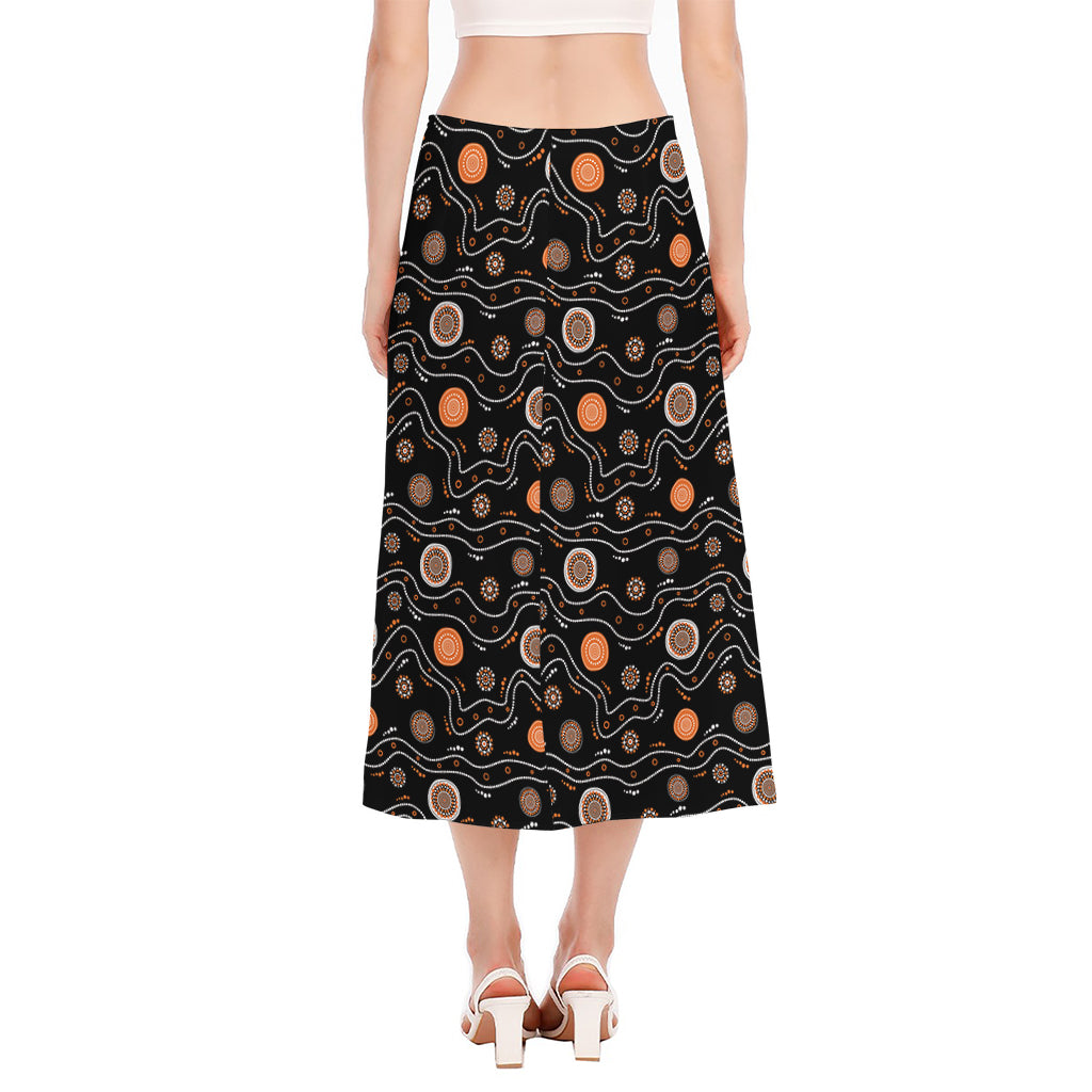 White And Orange Aboriginal Art Print Side Slit Midi Skirt