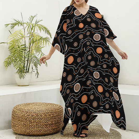 White And Orange Aboriginal Art Print Silk V-Neck Kaftan Dress