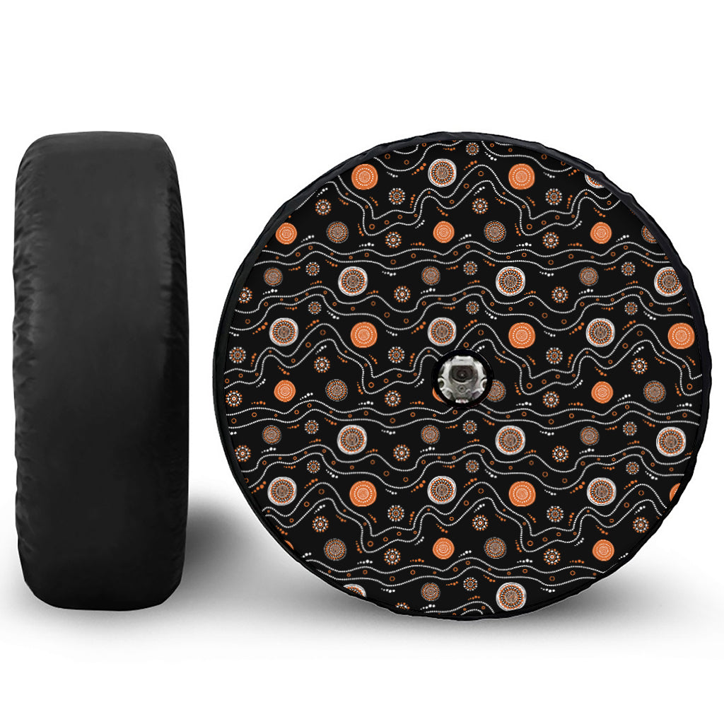 White And Orange Aboriginal Art Print Tire Cover With Camera Hole