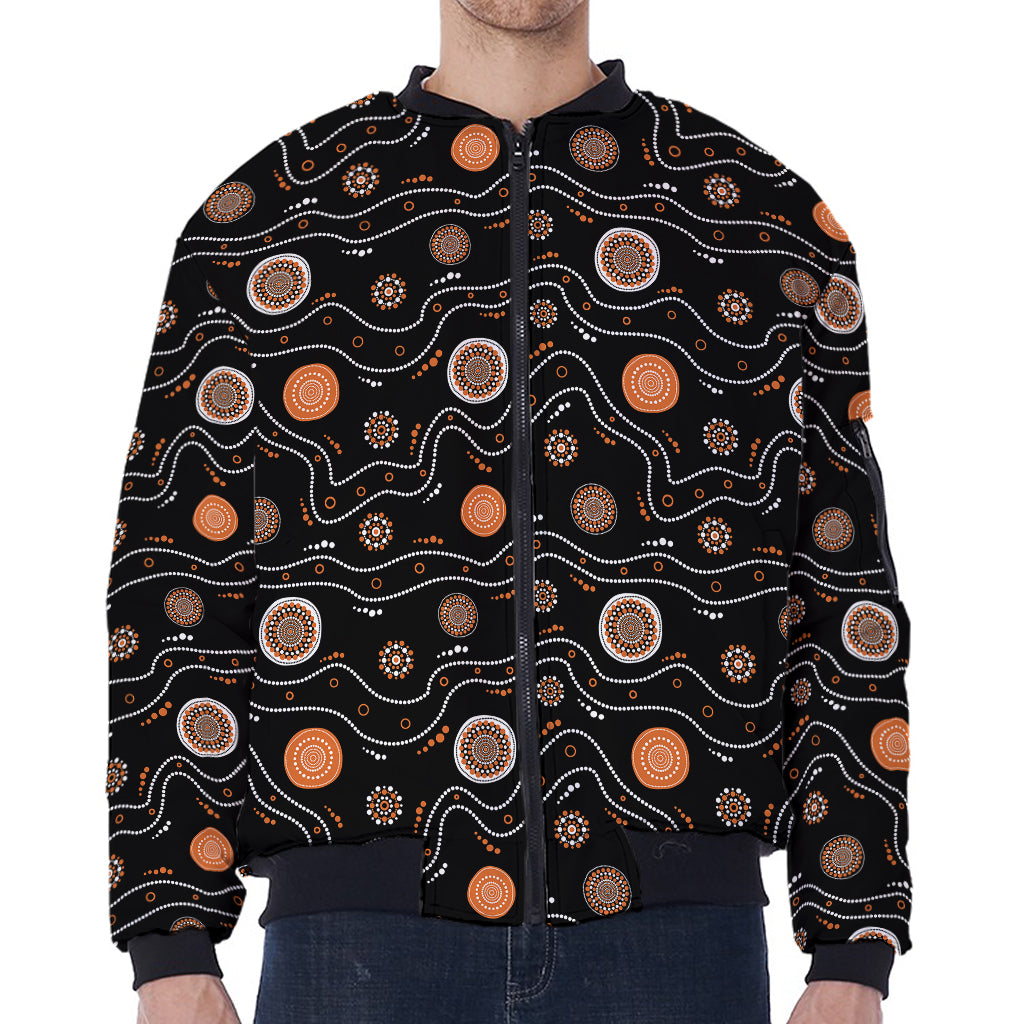 White And Orange Aboriginal Art Print Zip Sleeve Bomber Jacket