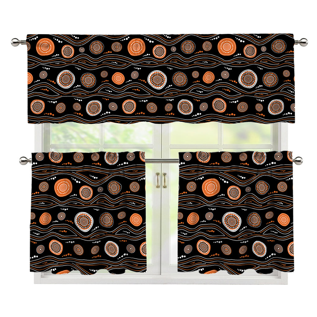 White And Orange Aboriginal Dot Print 3 Piece Kitchen Curtains