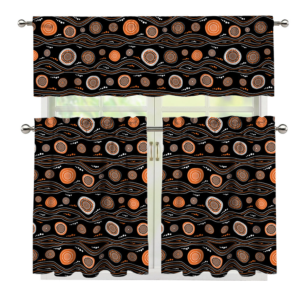 White And Orange Aboriginal Dot Print 3 Piece Kitchen Curtains