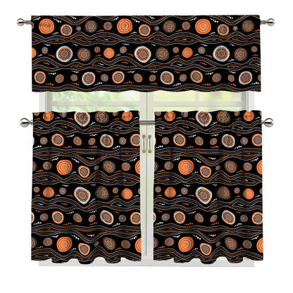 White And Orange Aboriginal Dot Print 3 Piece Kitchen Curtains