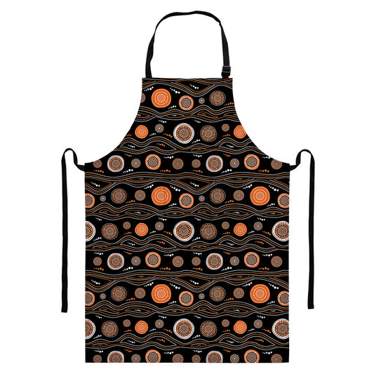 White And Orange Aboriginal Dot Print Bib Apron With Pocket