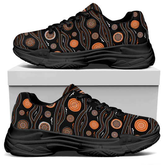 White And Orange Aboriginal Dot Print Black Chunky Shoes