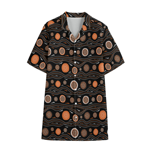 White And Orange Aboriginal Dot Print Cotton Hawaiian Shirt
