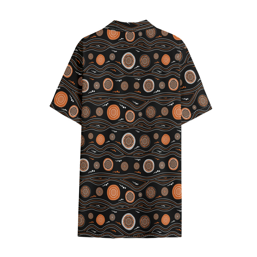 White And Orange Aboriginal Dot Print Cotton Hawaiian Shirt