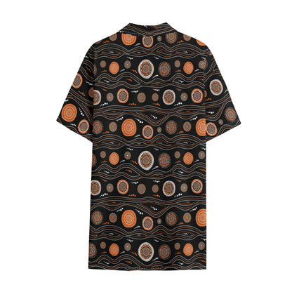 White And Orange Aboriginal Dot Print Cotton Hawaiian Shirt