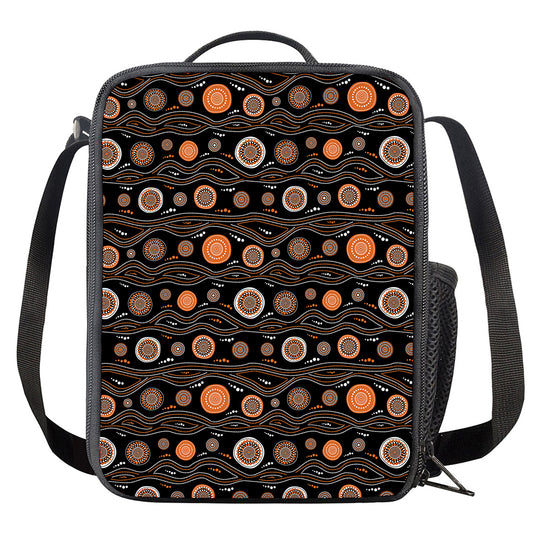 White And Orange Aboriginal Dot Print Crossbody Lunch Bag