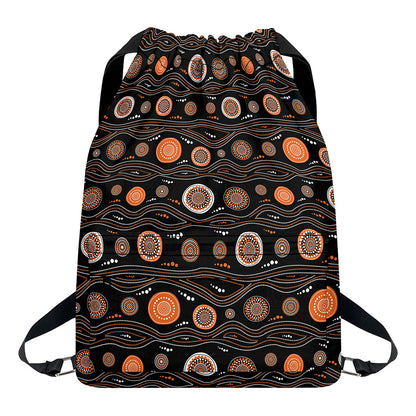 White And Orange Aboriginal Dot Print Drawstring Backpack