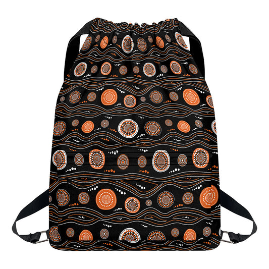 White And Orange Aboriginal Dot Print Drawstring Backpack