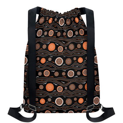 White And Orange Aboriginal Dot Print Drawstring Backpack