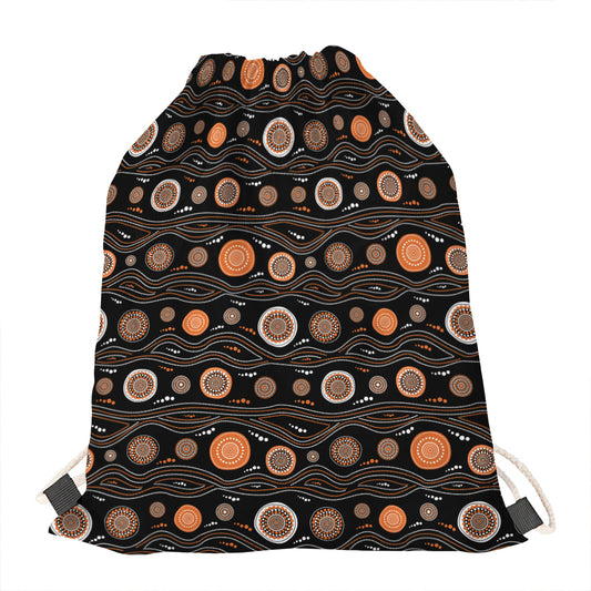 White And Orange Aboriginal Dot Print Drawstring Bag