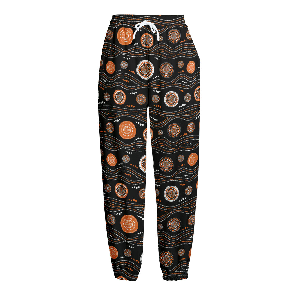 White And Orange Aboriginal Dot Print Fleece Lined Knit Pants