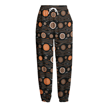 White And Orange Aboriginal Dot Print Fleece Lined Knit Pants
