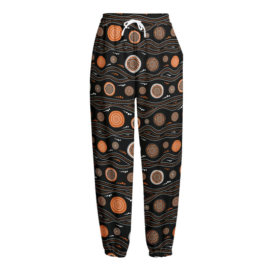 White And Orange Aboriginal Dot Print Fleece Lined Knit Pants