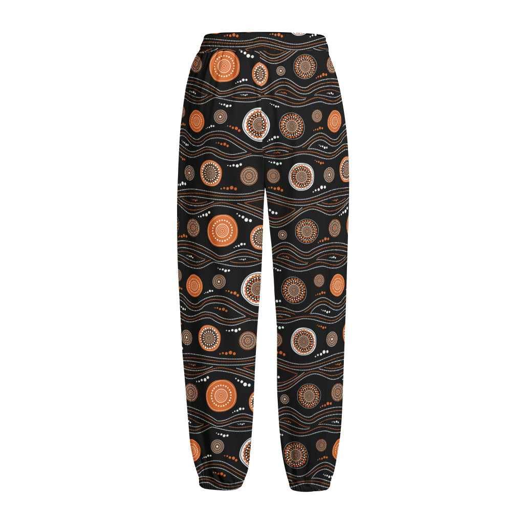 White And Orange Aboriginal Dot Print Fleece Lined Knit Pants