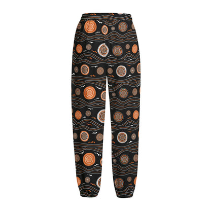 White And Orange Aboriginal Dot Print Fleece Lined Knit Pants