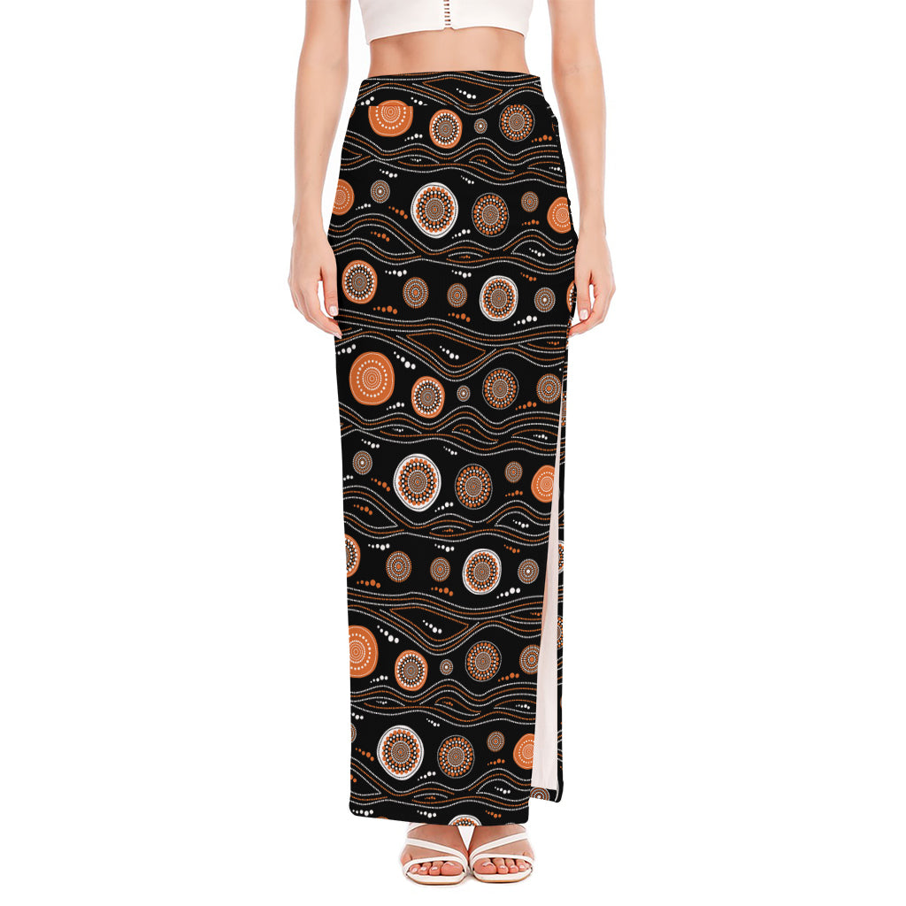 White And Orange Aboriginal Dot Print High Slit Maxi Skirt