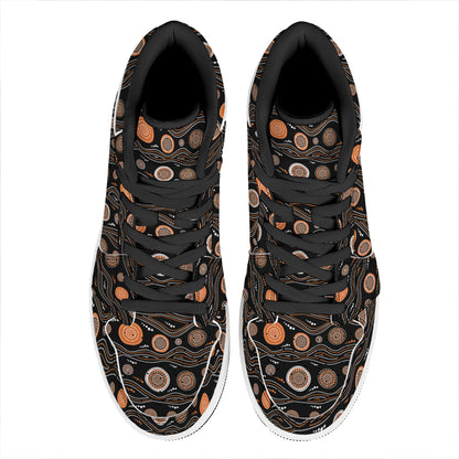 White And Orange Aboriginal Dot Print High Top Leather Sneakers