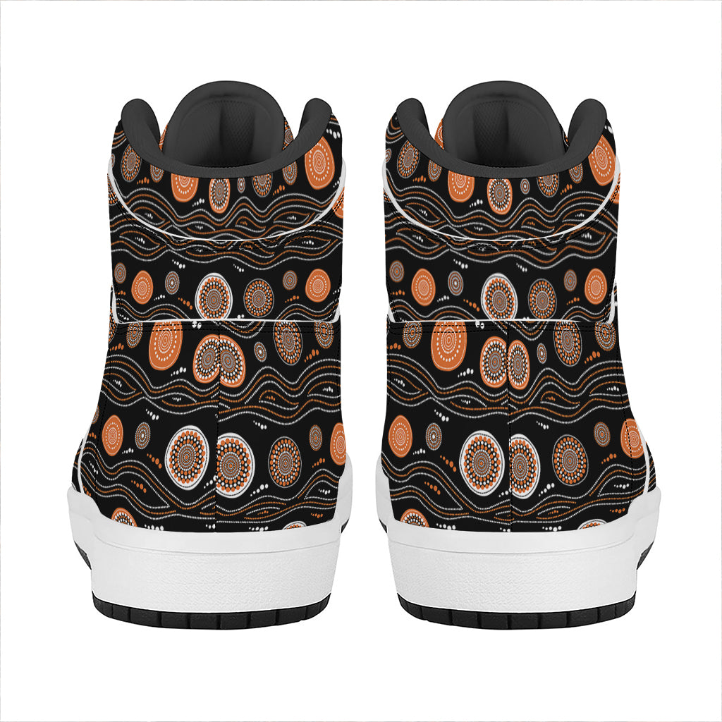 White And Orange Aboriginal Dot Print High Top Leather Sneakers