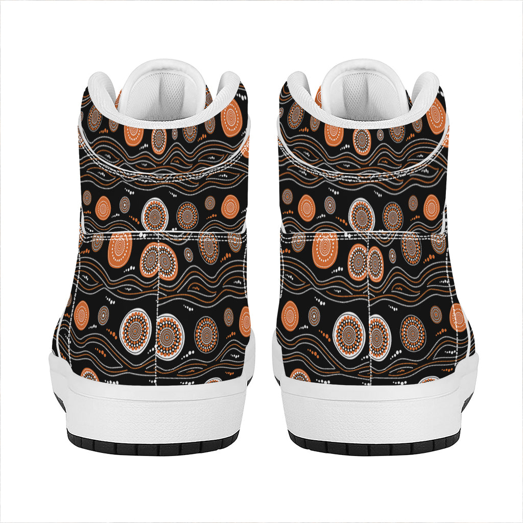 White And Orange Aboriginal Dot Print High Top Leather Sneakers