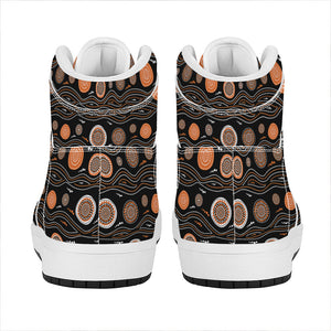 White And Orange Aboriginal Dot Print High Top Leather Sneakers