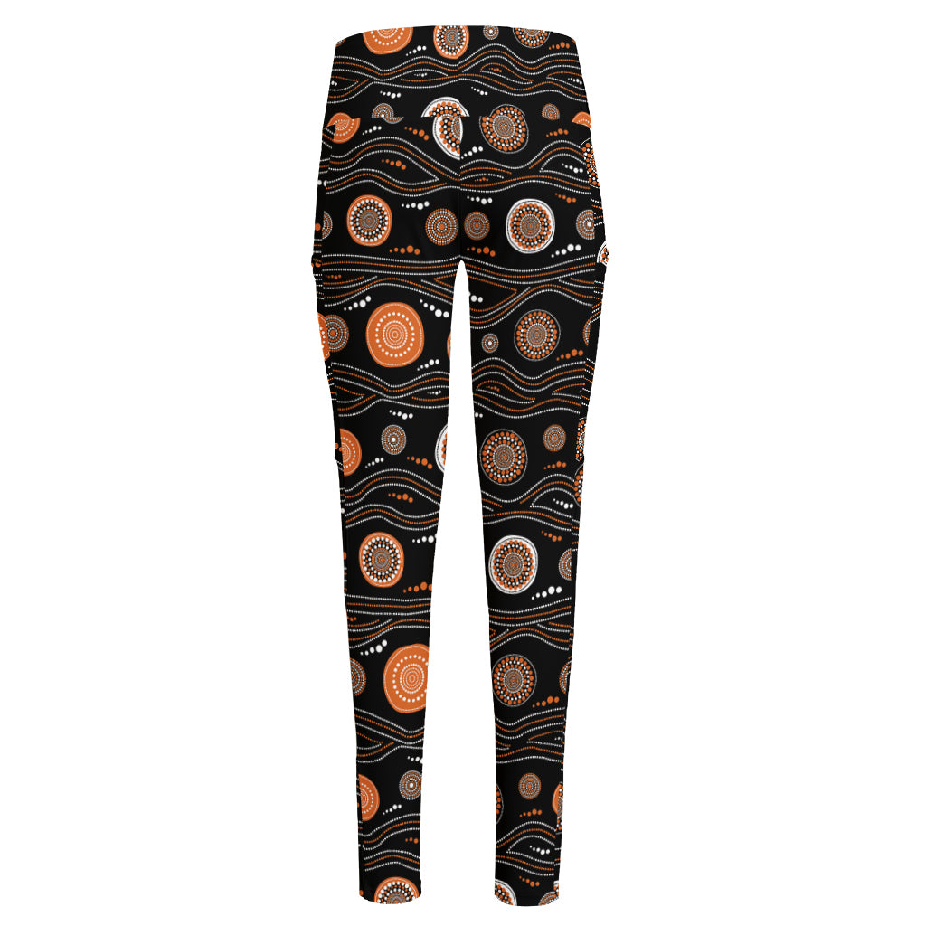 White And Orange Aboriginal Dot Print High-Waisted Pocket Leggings