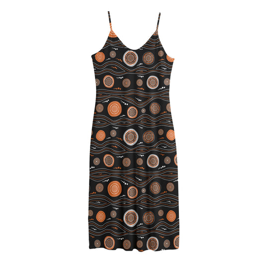 White And Orange Aboriginal Dot Print Jersey Midi Cami Dress