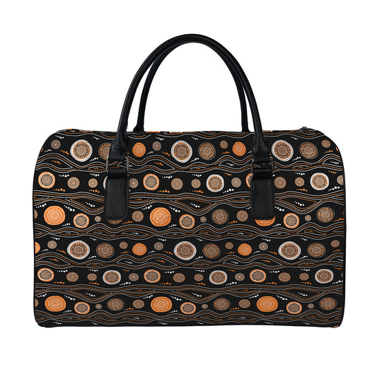 White And Orange Aboriginal Dot Print Leather Duffle Bag